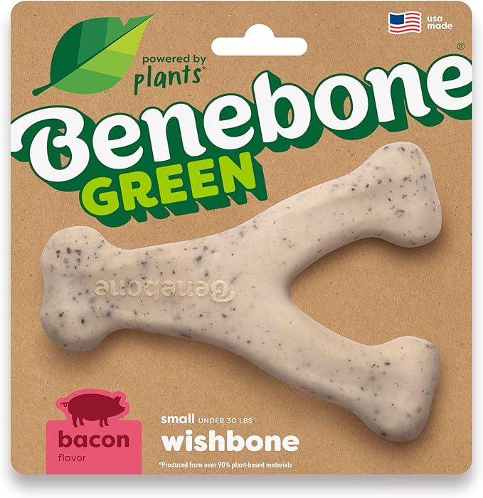Benebone Green Plant-Based Real Bacon Wishbone Dog Chew Toy for Small Dogs, Dog Bones for Moderate Chewers, Made in USA