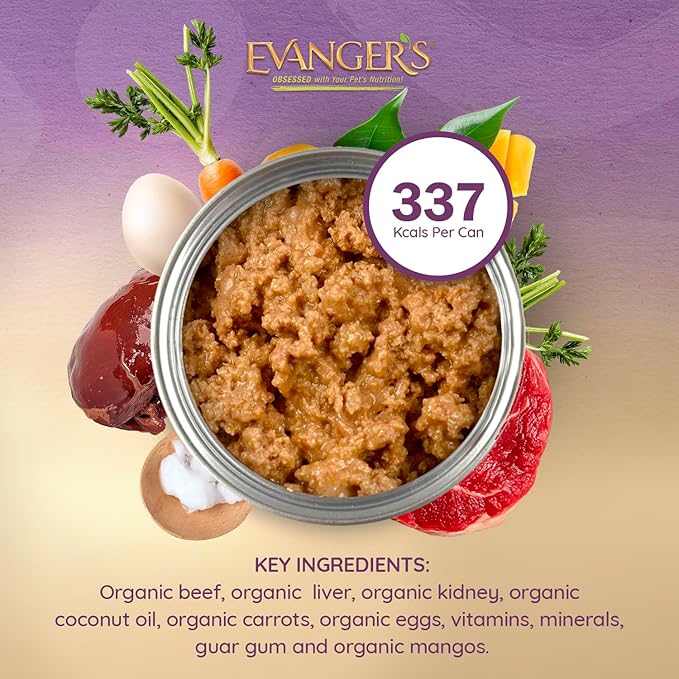 Evanger's Organics Beef Dinner for Dogs – 12 Count, 12.5 oz Each – Qualified Organic, Grain Free, GMO Free – Nutrient-Dense Recipe with Organic Vegetables – Wet Dog Food