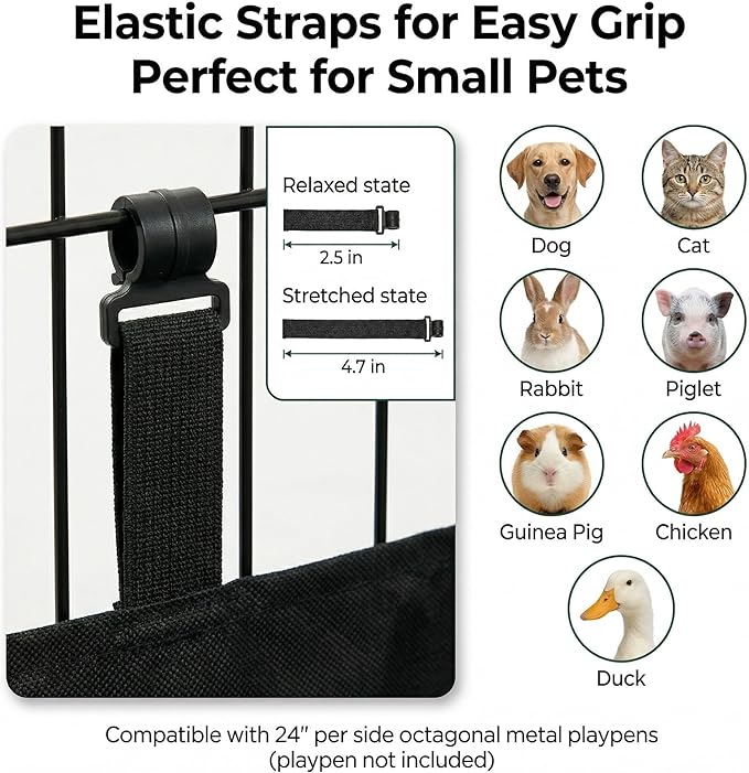 PJYuCien Octagonal Playpen Bottom Pad for 24" Side Metal Pet Pen, Waterproof 600D Oxford with Raised Edges & Snap Hooks, Washable for Puppy Small Animals, Black