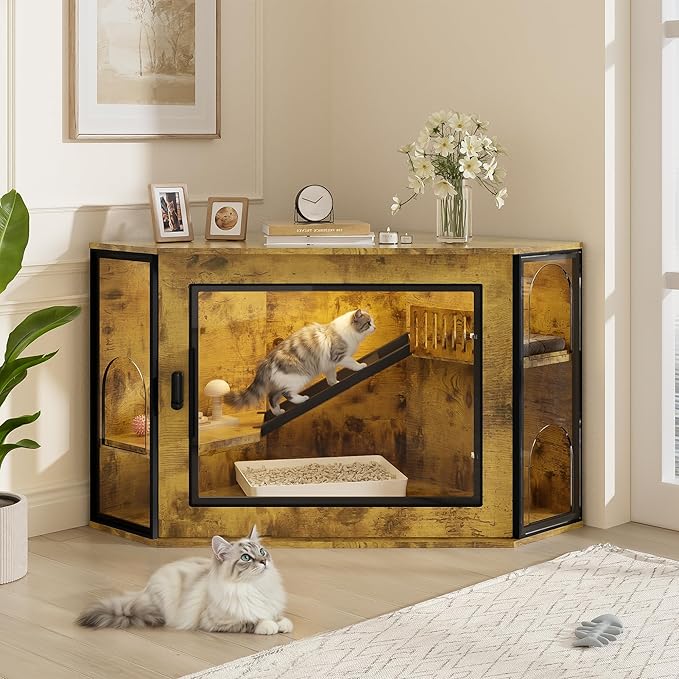 48" Corner Cat Litter Box Enclosure, Modern Hidden Cat Cabinet with Acrylic Door, LED Light & Playground, Multi-Level Cats House with Stairs, Corner Furniture for Small Apartments, Brown