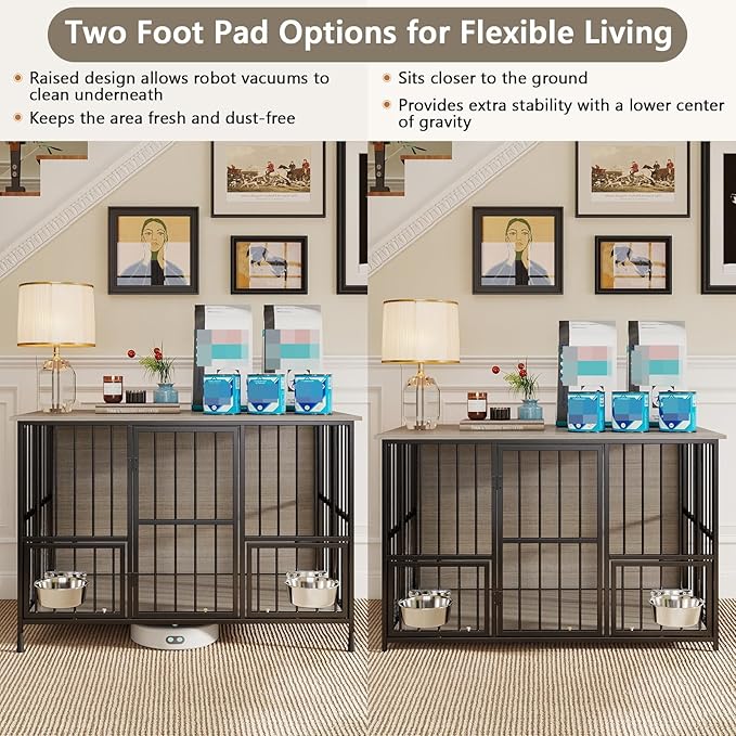 Hadulcet Foldable Dog Crate Furniture, 41'' No Assembly Indoor Dog Kennel with Storage Top, Wooden Dog Crate Table for Small to Medium Dogs, Furniture Style Dog Cage with 2 Bowls Gray
