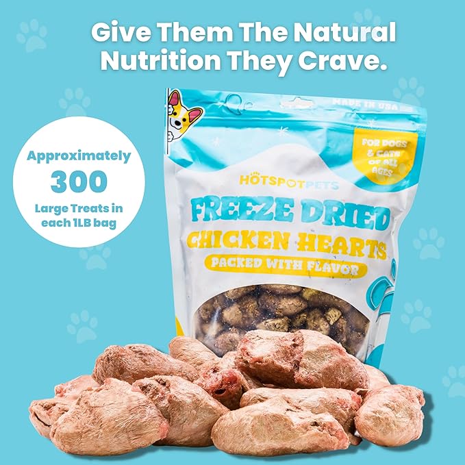 Hotspot Pets Freeze Dried Chicken Hearts for Cats & Dogs- 1LB Bag (300+pcs) USA Made, Healthy Single Ingredient All Natural Grain Free- Resealable -Perfect for Training, Topper or Snack, Allergen-Free
