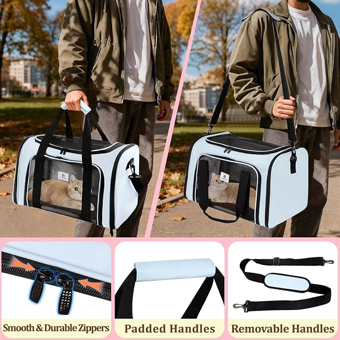 Cat Carrier - Cat Carrier Soft with Plush Pad & Cooling Mat, Easy-Load 4-Side Zipper & 3-Side Mesh Ventilation, Pet Carrier Airline Approved for Cats/Dogs Up to 16 lbs, Blue