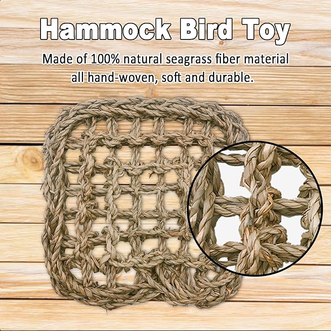 Tfwadmx Bird Seagrass Hammock Tent, 3Pcs 7x7in Seagrass Mat for Birds, Hanging Parrot Toys, Counre House Hut Hideout for Parakeets, Lovebirds, Budgies, Cockatiels