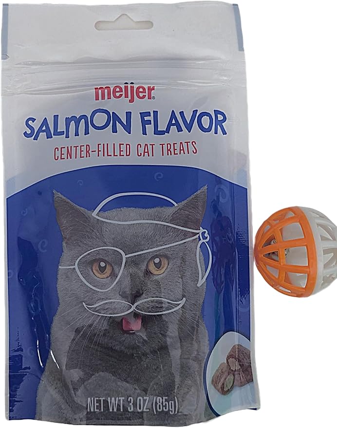 Meijer Center Filled Cat Treats Variety to Choose from 1-3 oz Bag Plus Cat Toy (Will Vary) (Salmon)