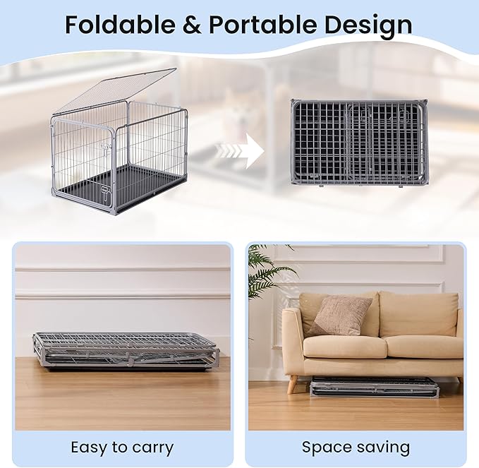 ZOMISIA Collapsible Dog Crate for Large Dogs - 42 inch Escape Proof Metal Dog Kennel with Double Door, Easy Assembly Foldable Dog Cage with Removable Tray, Indoor Outdoor Use, Silver Gray