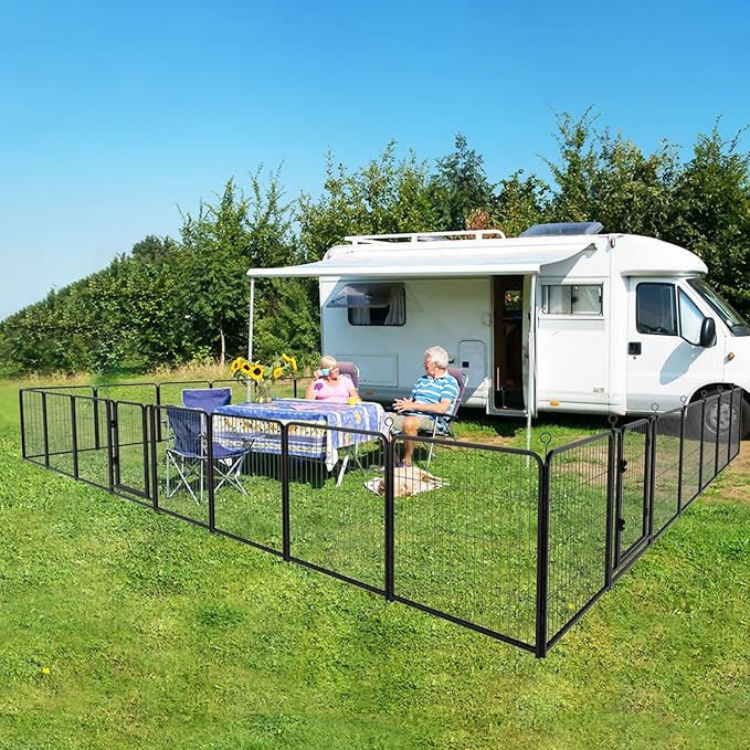 Kfvigoho Dog Playpen Outdoor Extra Wide 24 Panels Heavy Duty Dog Fence 32" Height Anti-Rust with Doors Portable for RV Camping Yard, Total 63FT, 316 Sq.ft, Snowy Black