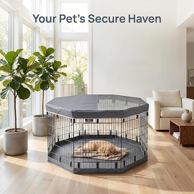 PJYuCien Dog Playpen with Top Cover and Bottom Pad - Metal Foldable Exercise Pen, 8 Panels 36" H x 24" W Indoor Outdoor Pet Fence Puppy Crate Kennel, Gray
