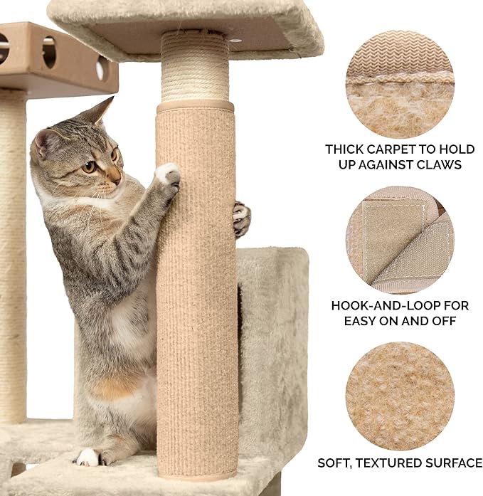 Furhaven Wrap Around Scratching Post Cover for Indoor Cats, Fits Posts Up to 3.5" Diameter, Durable & Less Mess - Tiger Tough Carpet Scratch Mat - Cream, Small