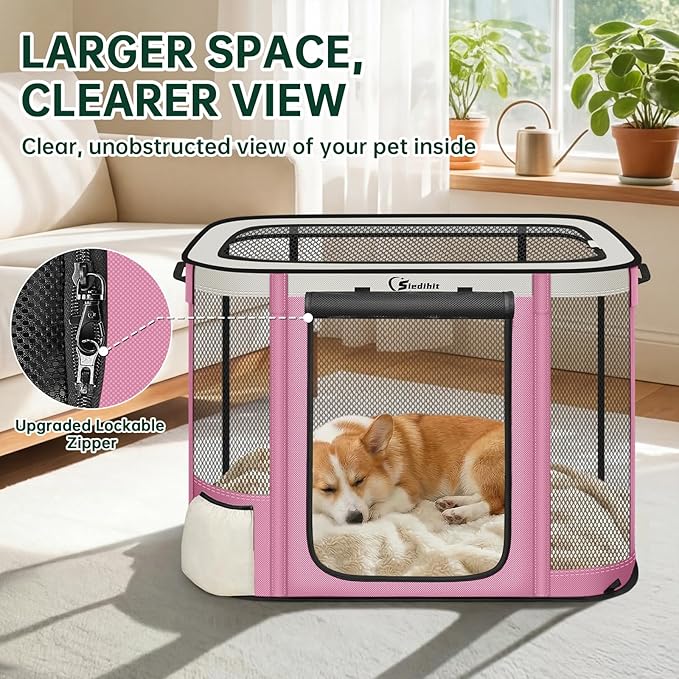 Siedihit Dog Cat Playpen Crate with Washable Pee Pad, Reinforced Durable Dog Cage, Portable Foldable Pet Kennel with Breathable Visibility (Pink, Large)