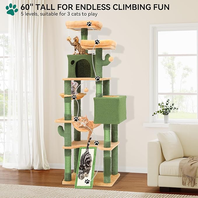 YITAHOME 193 cm Tall Cactus Cat Tower for Large Cats,76 inch Heavy Duty Cat Tree for Indoor Large Adult Big Cats Maine Coon Cat Tree Tower with Scratching Post, Hammock, Cat Condo, Cactus Green