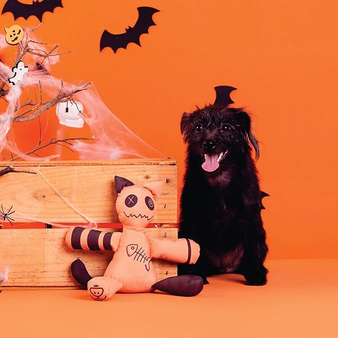 Halloween Cat Plush Dog Toy - Durable Orange Kitty with Fish Skeleton Design - Medium Sized Reinforced Toy for Dogs & Cats - Spooky Season Pet Gift