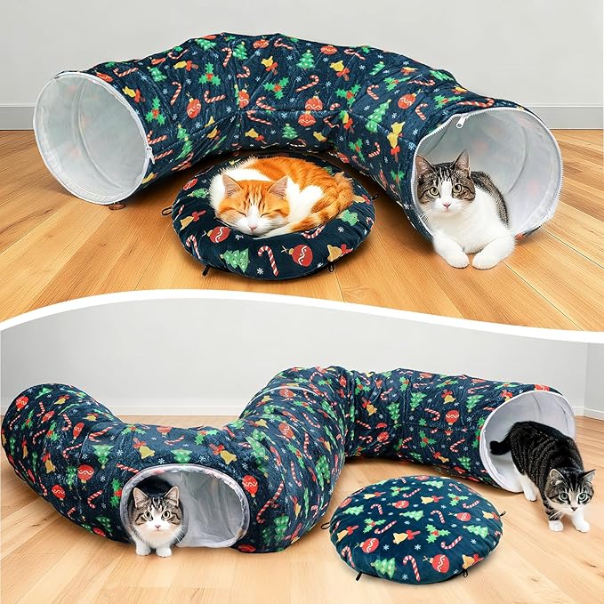 Cat Tunnel Bed for Indoor Cats - Soft Plush Cat Tunnel with Washable Cushion, Cat Donut Tunnel Toys for Kitten Puppy Rabbit
