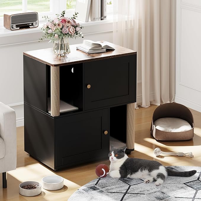 Double Cat Litter Box Enclosure for 2 Cats – 2-Layer Hidden Litter Box Furniture with Scratching Posts & Litter Mats, Space-Saving Modern Wooden Cat Washroom, End Table for Living Room, Brown Door