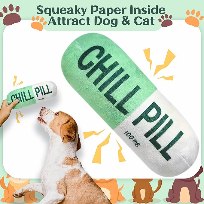 CUweipeng Dog Squeaky Chew Toy - Green Chill Pill Capsule Stuffing Teething Squeak Soft Plush Pet Puppy Toy Supplies Outward Hound Small Medium Large Breed Crinkle Dog Aggressive Chewer Keep Them Busy