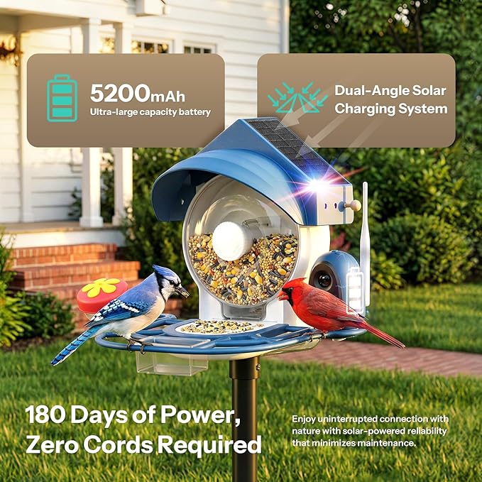 Smart Bird Feeder with Camera - 2K HD Smart Bird Feeder, Solar Powered Outdoor Birdhouse with Easy Clean Design for Backyard Birding & Wildlife Bird Watching, Gift for BirdLover (Blue)