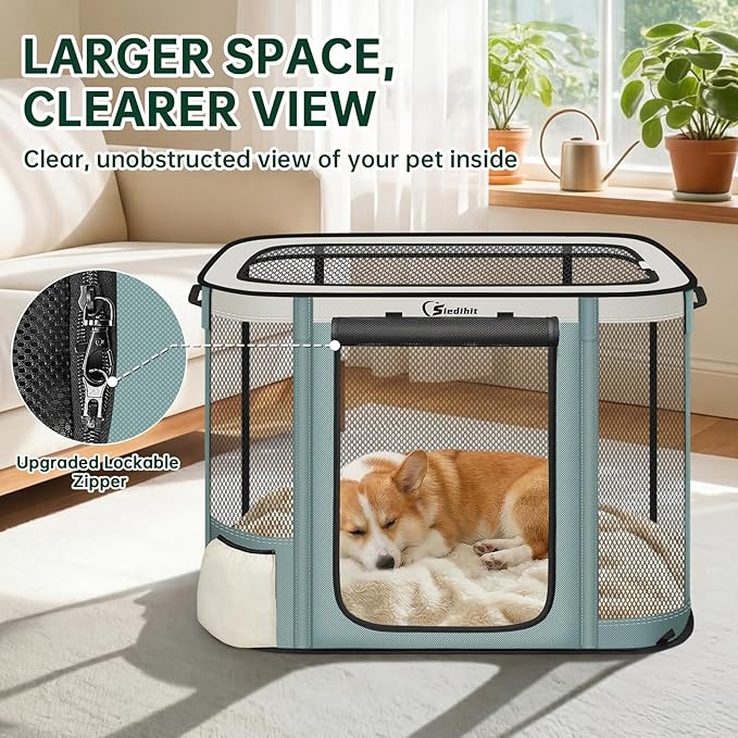 Siedihit Dog Cat Playpen Crate with Washable Pee Pad, Reinforced Durable Dog Cage, Portable Foldable Pet Kennel with Breathable Visibility (Grey, Large)