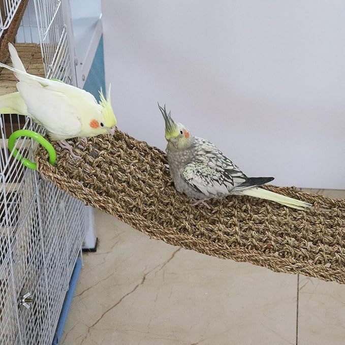 Birds Natural Seagrass Mat Hanging Woven Net Hammock Mat with Hooks Bird Cage Accessories Climbing Rope Ladder Chew Toys for Cockatiel Hamster Guinea Pig Rats Hamster Parakeet (39''x 7'')