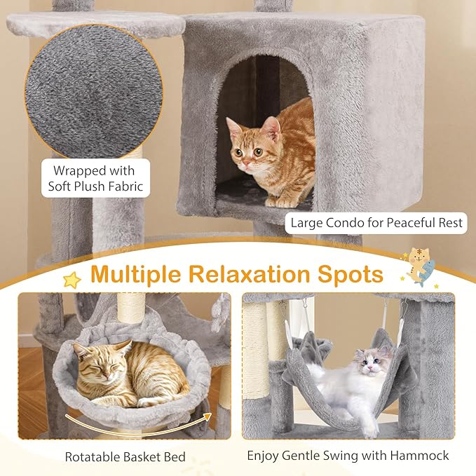PETSITE 69 Inch Tall Cat Tree, Multi-Level Grey Cat Tower with Sisal Scratching Posts, Cat Condo, Basket Bed, Hammock, Basket Bed, and Hanging Toys, Modern Cat Tree Tower for Indoor Cats