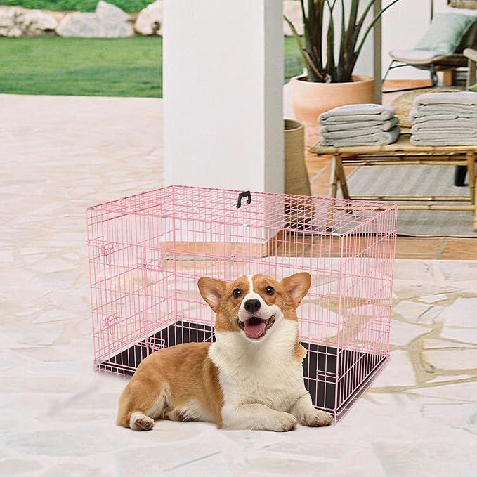 FDW 30 inch Dog Crate Dog Kennel Cage with Double Door Folding Metal Wire Dog Cage with Removable Tray&Divider Panel,Pet Crate for Medium Dogs,Pink