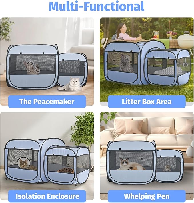 EighteenTek® 2-in-1 Portable Cat Playpen(Front Doors), Pop up Kitten Playpen, Assembly-Free, Pet Tent Crates Kennel Cage Enclosure for Dog Puppy Indoor Outdoor(No Divider, Unified Space)