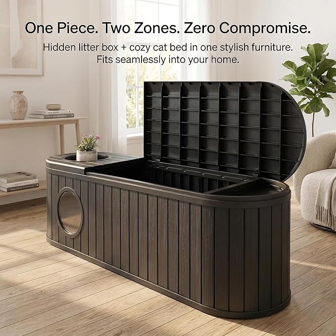 Large Cat Litter Box Enclosure with Hidden Cat Bed, 2-in-1 Resin Cat House Furniture with Flip-Top Lid & Dual-Way Swing Door, Multi-Functional Side Table Bench for Living Room, Easy-Clean Odor Control