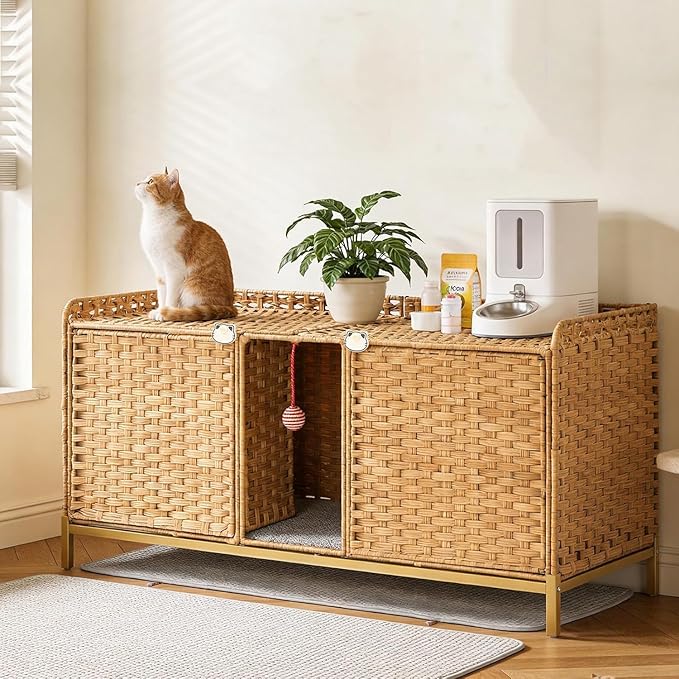 GarveeLife Cat Litter Box Enclosure Furniture, Handwoven Rattan Cat House, Hidden Cat Washroom Furniture with Door/Mat, Large Space Cat House with s-Shaped Hooks, Living Room, Bedroom