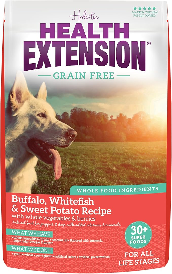 Health Extension Grain Free Buffalo & Whitefish Dry Dog Food - 30+ Superfoods and Probiotics for All Life Stages, 4 lb Bag