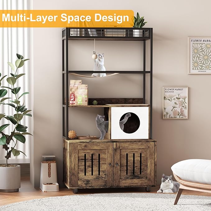 Garvee Cat Litter Box Enclosures with Storage Rack, Enclosed Litter Box Furniture, Hammock, Sisal Balls and Cat Scratching Mat
