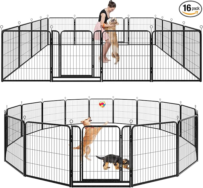 Kfvigoho Dog Playpen Outdoor Extra Wide 16 Piece Panels Heavy Duty Dog Fence 32" Height Anti-Rust with Doors Portable for RV Camping Yard, Total 42FT, 140 Sq.ft, Snowy Black