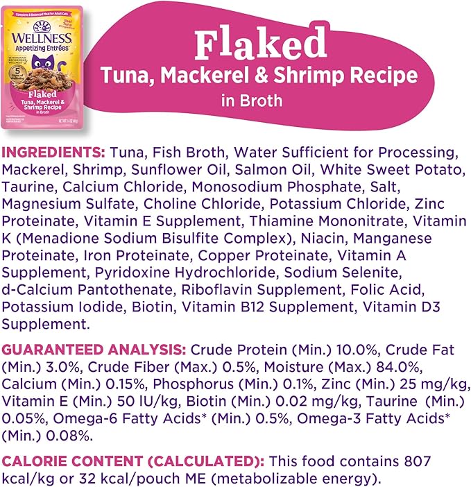 Wellness Appetizing Entrées Flaked Adult Wet Cat Food, Natural, Protein-Rich, Grain Free, 1.4 Ounce Pouch, 8 Pack (Tuna, Mackerel, Shrimp Recipe)