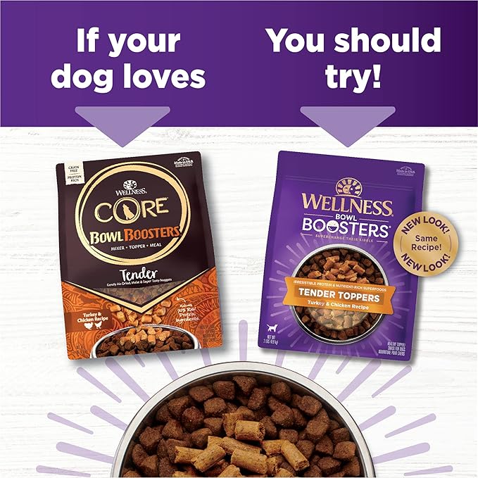 Wellness Bowl Boosters Tender Toppers Dog Food Topper for Small, Medium, and Large Breeds, Grain Free, Natural, Turkey and Chicken Recipe, 2 lb Bag