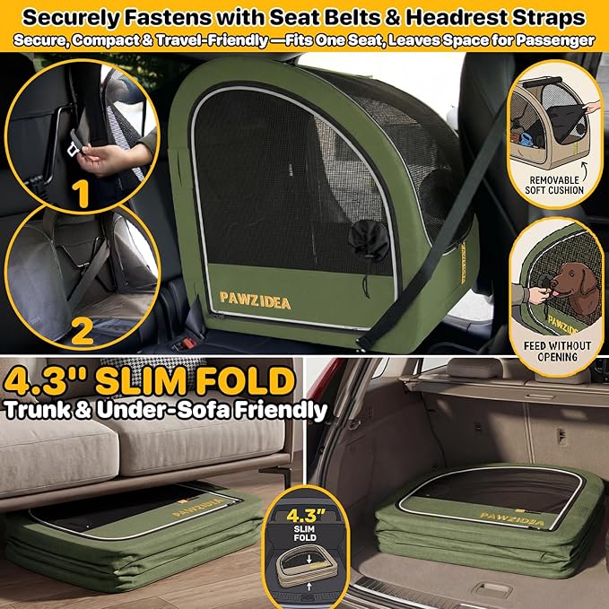 PAWZIDEA Portable Dog Crate for Car Travel, Collapsible Pet Travel Crates for Medium & Large Dogs Up to 80lbs, Enclosed Soft-Sided Car Kennel Carrier for Backseat, Secures w/Seatbelt & Headrest Strap