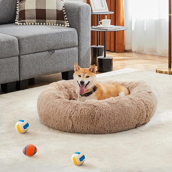 DUMOS Calming Donut Dog Beds for Large Dogs, 37.4x37.4 in Machine Washable Cuddler Warming Cozy Fluffy Faux Fur Plush Round Pet Bed, Anti-Slip Bed for Indoor Dogs and Cats, Brown