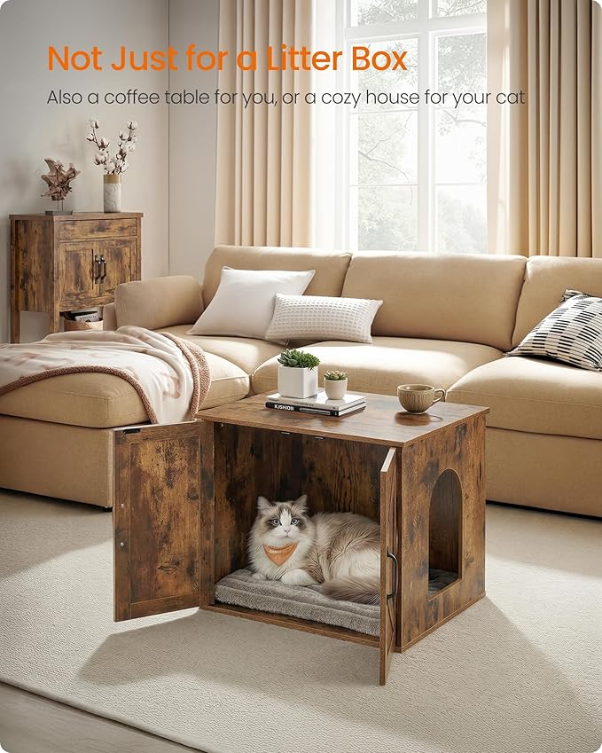 Feandrea Cat Litter Box Enclosure, Hidden Litter Box Furniture, Indoor Pet House End Table, 23.6 x 19.7 x 19.7 Inches, Rustic Brown UPCL042L101