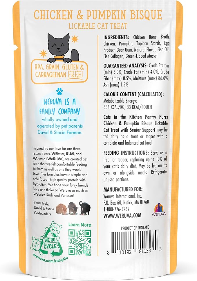 Weruva Cats in the Kitchen Pantry Pours, Chicken and Pumpkin Bisque with Senior Support, 1.4oz Pouch, Pack of 12