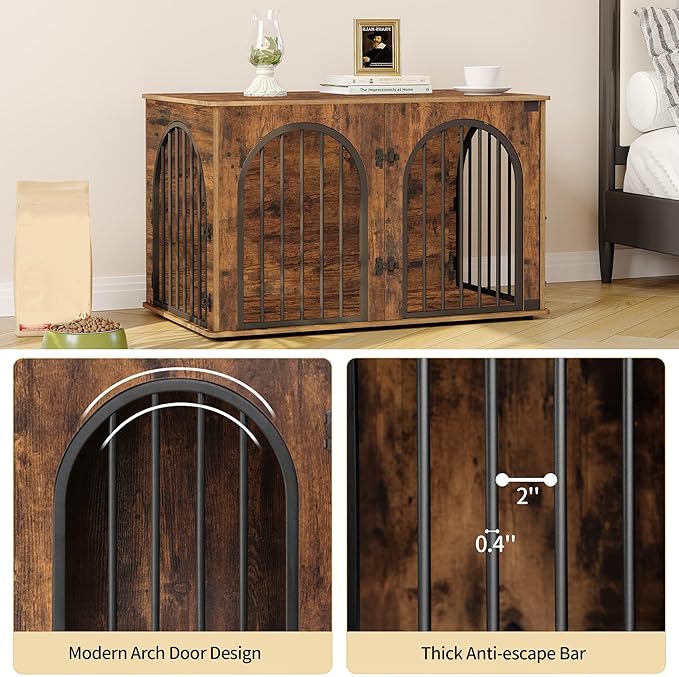 Hzuaneri 39.4" Wooden Dog Crate Furniture, Indoor Dog Kennel Dogs Cage for Small/Medium/Large Dogs, Heavy Duty Dog Crates Decorative Pet House End Side Table TV Stand, Rustic Brown DFC84101B
