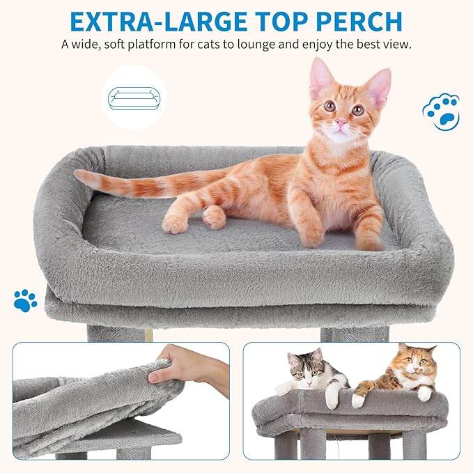 GarveeLife 61" Multi-Level Cat Tree for Indoor Cats, Heavy-Duty Tower for Large Adult & Maine Coon Cats with Oversized Perch, Dual Condos, Natural Sisal Scratching Posts & Play Toys – Light Gray