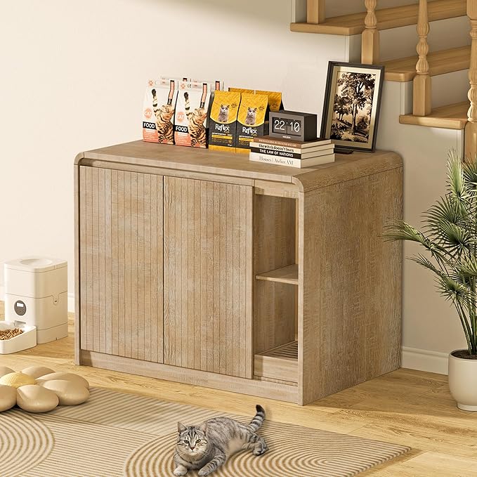 Cat Litter Box Enclosure for Automatic Litter Box, Litter Box Enclosure with Litter Collector and Power Outlet, Large Cat House with Adjustable Shelf for Dog Proof, Side Table, Natural