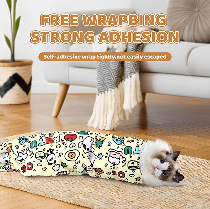 27.6" Cat Grooming Wrap for Cutting Nails, Graffiti Pattern Self-Adherent Fabric Wrap for Cats, Anti-Scratch Anti-Escape Multifunctional Cat Swaddle Tool for Teeth Brushing, Ear Cleaning