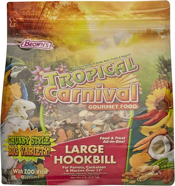 F.M. Brown's Tropical Carnival Gourmet Large Hookbill Food for Parrots, Cockatoos and Macaws Over 13", Vitamin-Nutrient Fortified Daily Diet, 5lb