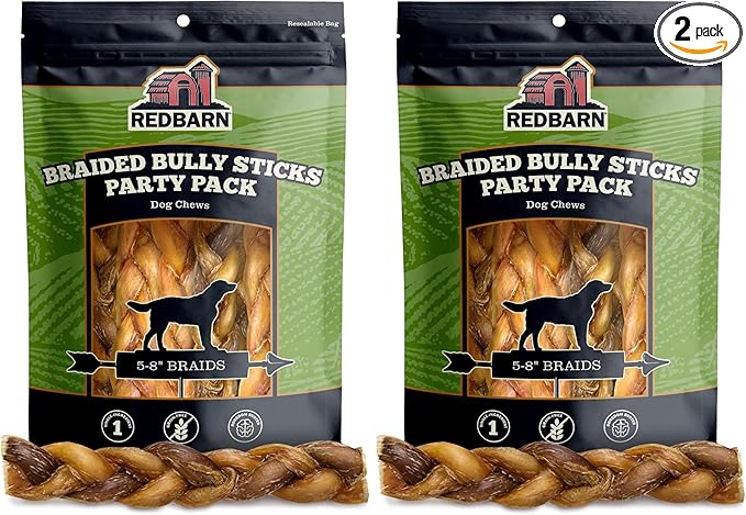 Redbarn Pet Products All Natural 5"-8" Braided Bully Sticks for Small & Large Dogs - Healthy Long Lasting Beef Chews Variety Party Pack - Single Ingredient Low Odor Rawhide Free - 8 oz Bag (Pack of 2)