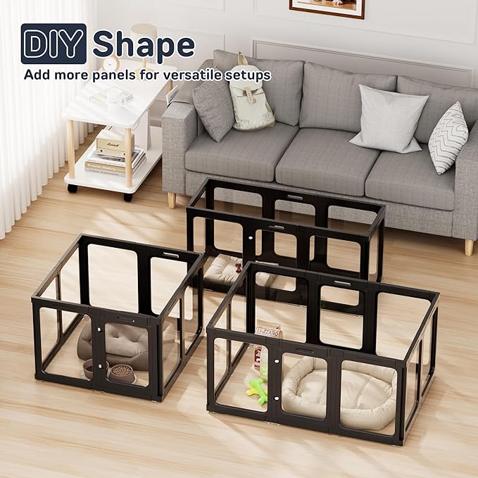Jalove Acrylic Dog Playpen Indoor, 24“ H Plastic Pet Playpen with Door, Clear Pet Play Pen for Puppy Cat Rabbit Ferret, Easy Assemble Dog Pen, Preferable for Small Cage, Black 10 PCS