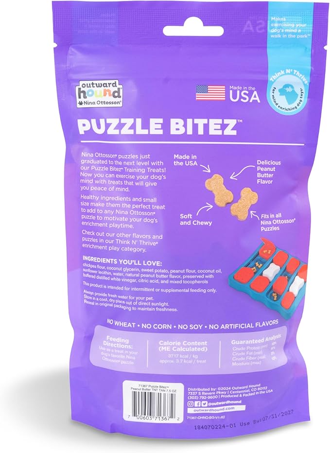 Outward Hound by Nina Ottosson Puzzle Bitez USA Made Dog Treats,Peanut Butter Flavor,Bite-Sized Training Reward and Interactive Puzzle Toy Treats,7.5oz,(Pack of 2)