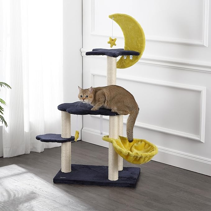 CTR1003A Aurora 49" 3-Tier Modern Sisal Moon and Stars Cat Tree with Scratching Posts, Basket, and Fuzzy Bell Toys, Navy/Yellow/White