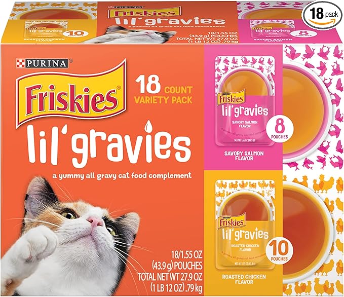 Purina Friskies Lil' Gravies Variety Pack With Chicken, Salmon, Turkey & Roast Beef Flavors Cat Food Complements Lickable Cat Treats - (Pack of 18) 1.55 oz. Pouches