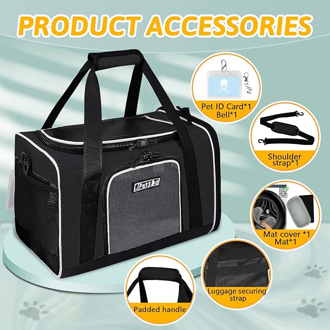 Petskd Pet Carrier 18x11x11 Delta American United Airline Approved, Pet Travel Carrier Bag for Small Cats and Dogs, Cat Soft Sided Carrier with Safety Lock Zippers, 5-Sided Breathable Mesh(Black)