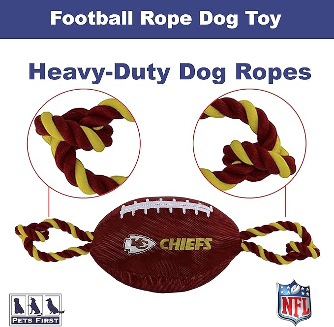 Pets First NFL Kansas City Chiefs Football Dog Toy, Tough Quality Nylon Materials, Strong Pull Ropes, Inner Squeaker, NFL Team Color