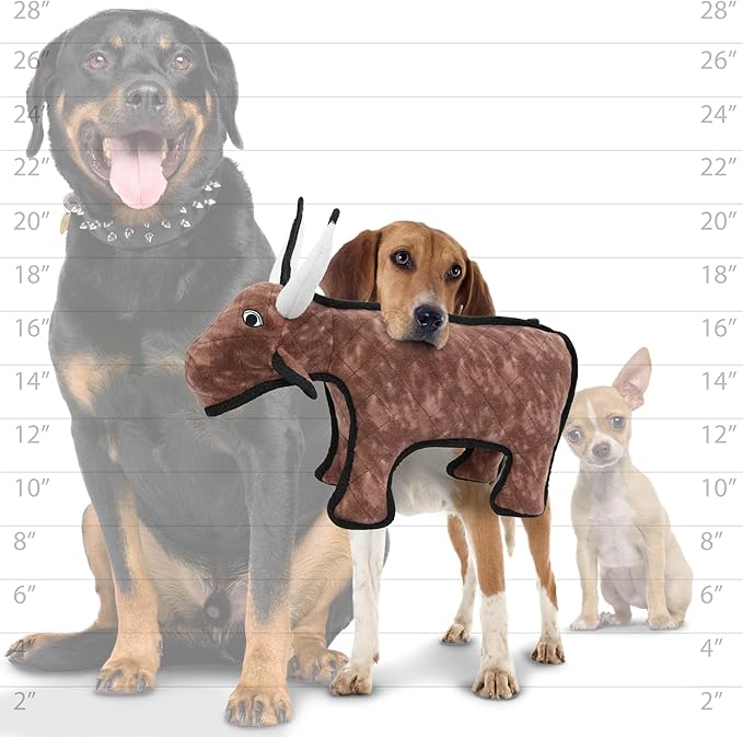 TUFFY - World's Tuffest Soft Dog Toy -Barnyard- Multiple Layers. Made Durable, Strong & Tough. Interactive Play (Tug, Toss & Fetch). Machine Washable & Floats. (Bull, Medium)