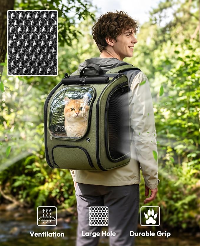 Pecute Cat Backpack Carrier, Large Space Cat Bubble Backpack, Breathable Cat Carrier, Shaded Dog Backpack Carrier, Ergonomic 3D Design for Travel, Hiking, Walk, Suitable for Shopping, Car, Vet, Green